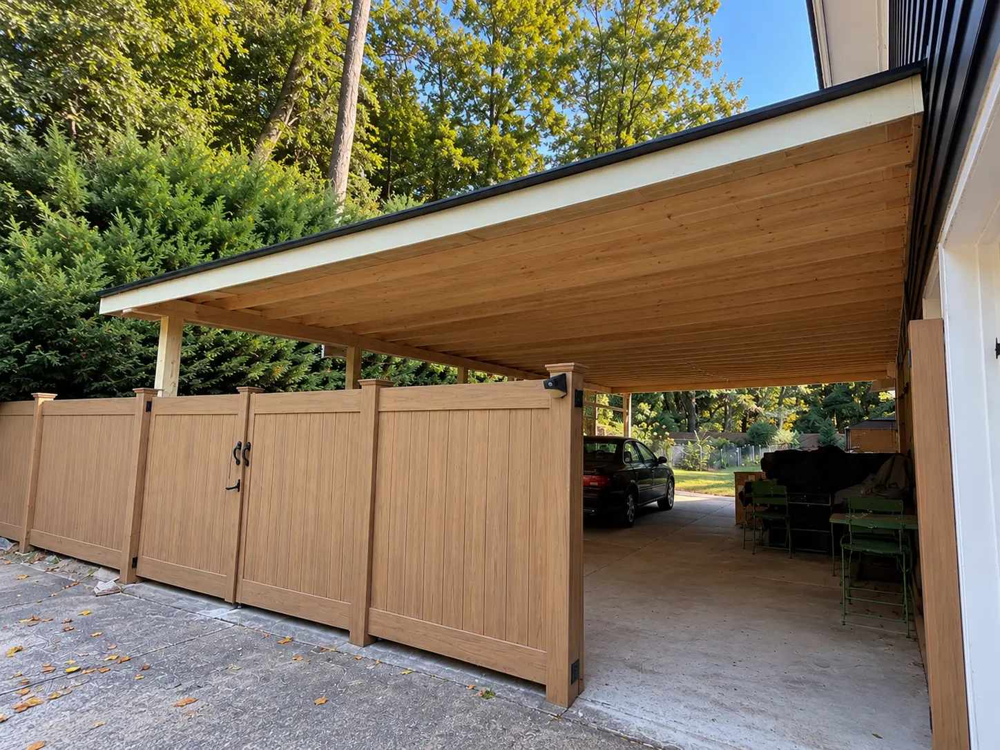 Completed timber carport with a paneled ceiling and matching privacy fence